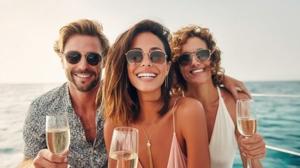 Three friends smiling on a yacht with champagne, enjoying the sun and ocean.