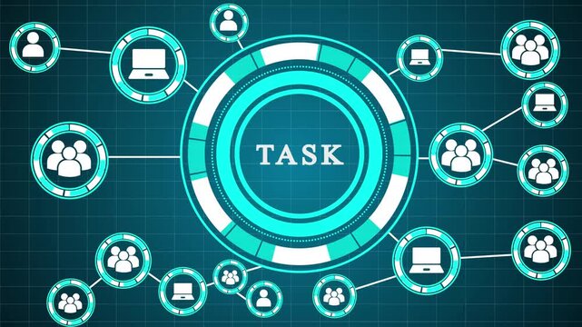 Abstract Digital Network Technology Concept with Task Management Hub and Team Collaboration Icons on Futuristic Blue Background,Centralized task management hub connected to teams and laptops in a digi