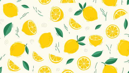 Obraz premium A vibrant and refreshing seamless pattern featuring bright yellow lemons and green leaves on a creamy backdrop, perfect for summer themes and designs