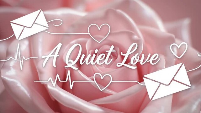 Gentle motion text "a quiet love" with hearts and envelopes floats over a soft pink rose background.