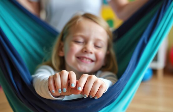 Young girl smiles enjoying sensory therapy swing with physio assistant nearby. Child feels safe, calm, and relaxed during gentle motion. Helps with balance and coordination development.