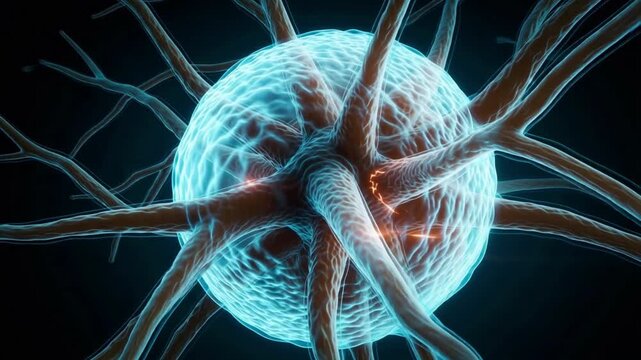 A detailed 3D rendering displays a textured blue neuron with numerous branching dendrites extending outwards.