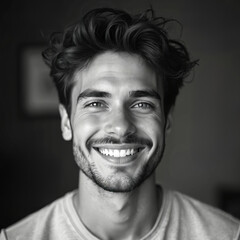Young man smiles happily looking at camera indoors. Natural light highlights cheerful face. Wears casual clothes. Positive emotion radiates warmth, friendly energy. Direct gaze connects with viewer.