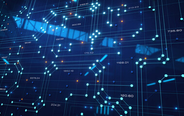 Naklejka premium Futuristic control panel or circuit board with traces, reflections in the background. Connections and signal lights. Conductor path, data processing, LED or diode light, technology, sciences.