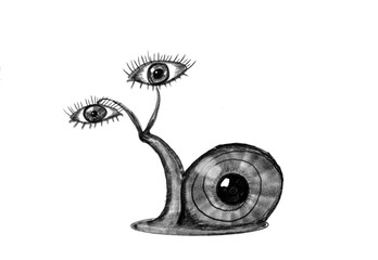 Surreal snail with eyes, hand drawn symbolic illustration © Anna