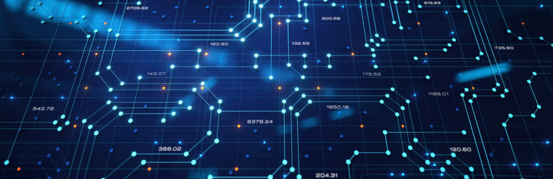 Futuristic control panel, circuit board, circuit diagram with traces, connections and signal lights. Conductor path, data processing, reflections, LED or diode light, technology, sciences.