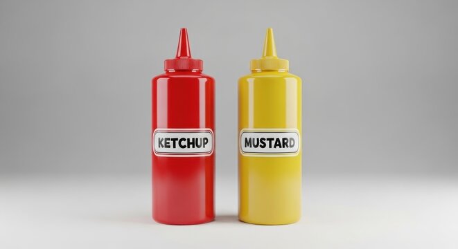 Two condiment bottles, one red and one yellow, with labels reading 'Ketchup' and 'Mustard' on a white background