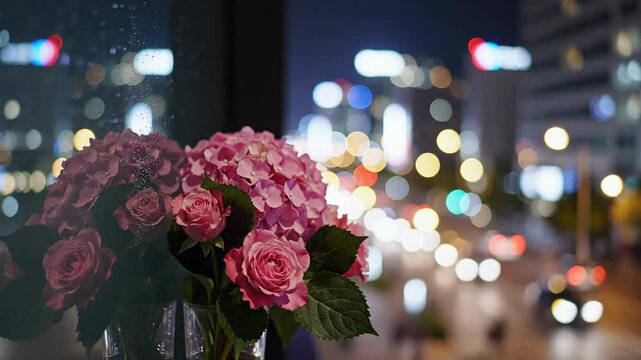 Bouquet of pink roses and hydrangeas against a blurred city night background with rain.