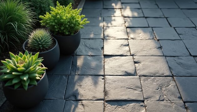 Potted succulents, green plants sit on stone patio pathway in garden scene. Sunlight casts shadows on interlocking paving stones creating peaceful outdoor setting. Area shows neat landscaping.