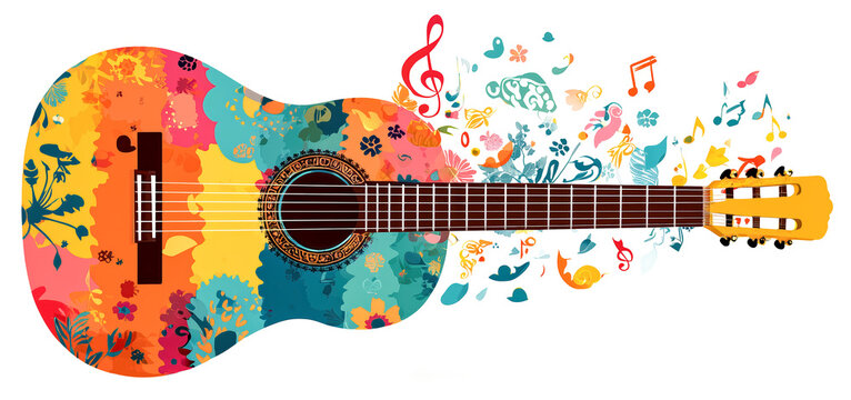 Colorful guitar acoustic guitar music notes sound wave floral pattern abstract art vibrant color musical instrument creative design festival vibe joyful energy bohemian style retro style, isolated