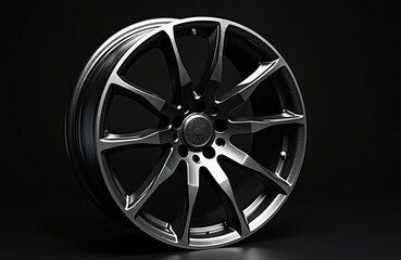 Obraz premium Close up view of a modern alloy car wheel rim. Dark metal design with spokes and carbon fiber accents. Sleek automotive part, wheel upgrade detail.