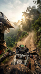 Obraz premium Adventurer's point of view riding a mud splattered adventure motorcycle on a challenging winding dirt road through a tropical jungle landscape. Experiencing thrilling travel and expedition at sunrise