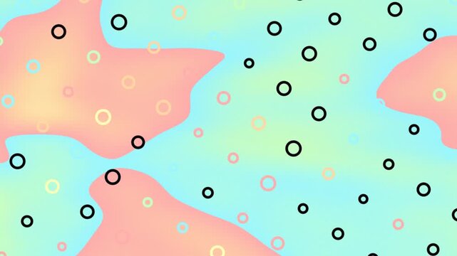 Abstract art with a gradient background, blob shapes, and scattered colored rings