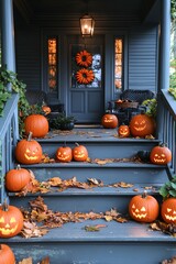 Obraz premium The front porch is decorated with JackoLantern Pumpkins on a porch stairs