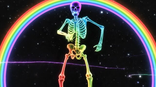 Vibrant rainbow arches over dancing skeletons, creating a surreal and colorful spectacle.