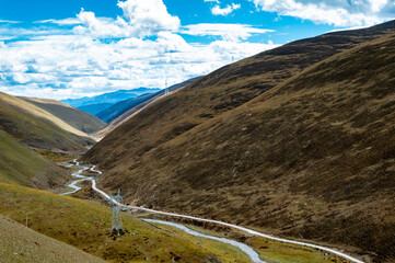 A rivers and road in the valleys of the Qinghai-Tibet Plateau