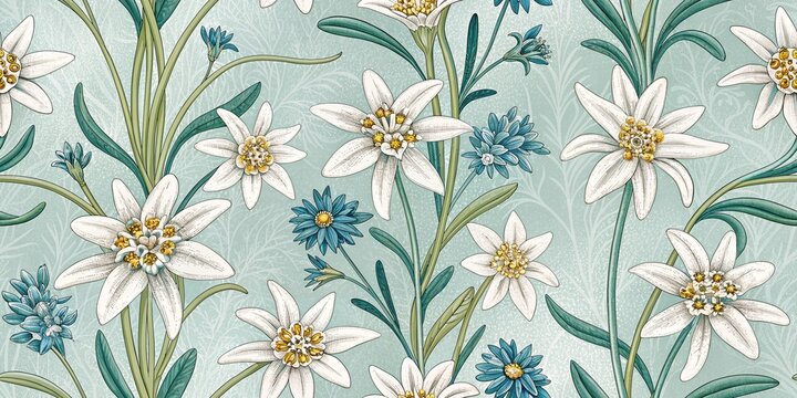 Detailed edelweiss flower pattern on light teal botanical background