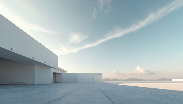 Clean white modern building with large empty concrete parking area. Bright sky with sparse clouds over distant hills. Minimalist architectural exterior.