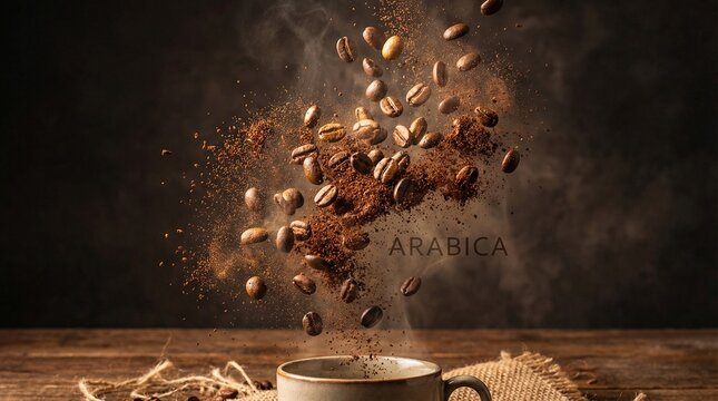 Granos de caf&eacute; ar&aacute;bica tostados explotan y levitan en el aire con fuerza y elegancia, capturados en una escena din&aacute;mica, intensa y llena de aroma sobre fondo oscuro.