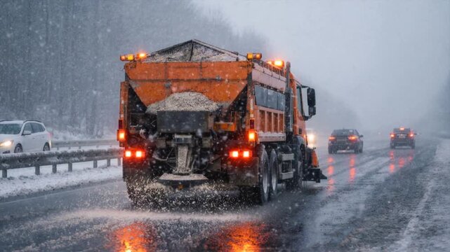 Winter road maintenance on a snowy highway