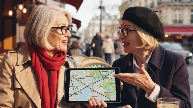 Mature Female Friends Discussing Paris Travel Plans on a Tablet at Cafe