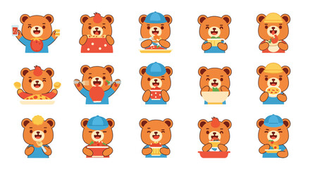 Fototapeta premium Cute Cartoon Bear Character Eating Food Set