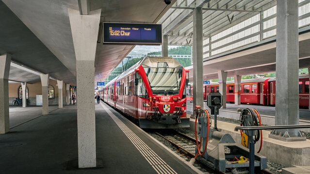 Rhaetian Railway passenger Train for Chur at St. Moritz Station in Swiss Alps
