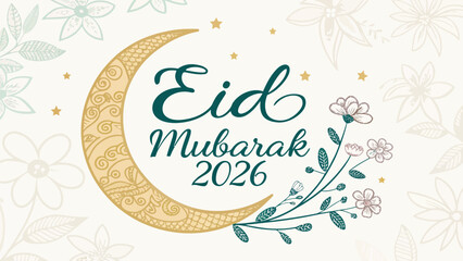 Obraz premium Eid mubarak 2026 greeting with crescent moon floral pattern and stars on white background