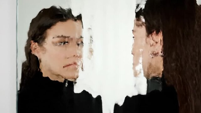 Young woman in black turtleneck looks into a distorted mirror reflecting her face with glitches