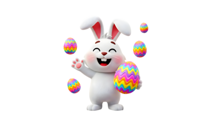 Happy cartoon Easter bunny character smiling and waving with colorful eggs