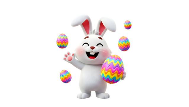 Happy cartoon Easter bunny character smiling and waving with colorful eggs - Powered by Adobe