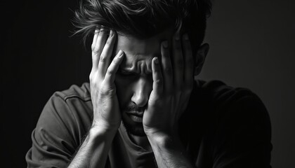 Man holds his head in hands feeling despair, grief, or stress. Person experiences mental anguish, deep thought, or intense worry. Worried facial expression, deep furrowed brow, looking down.
