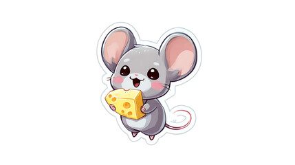 A tiny mouse happily holding cheese. The simple shapes and cute expression give it a classic sticker look.