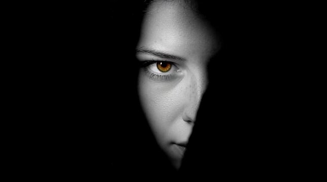 A face emerging from deep darkness, with only one eye illuminated in unnaturally sharp clarity, creating an intense, hyper-focused portrait that explores perception, awareness, and psychological tensi