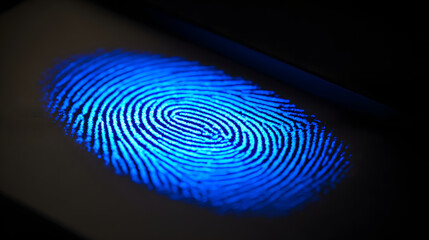 Glowing blue fingerprint on scanning device symbolizes advanced biometric security technology. close up view highlights intricate fingerprint patterns, emphasizing security and innovation