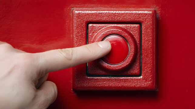 Close up of hand pressing red fire alarm button, highlighting urgency and importance of safety measures in emergencies