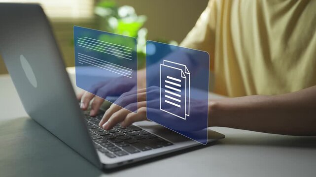 Digital document management concept with virtual file on laptop screen. Business professional working with electronic documents, paperless workflow and cloud-based data management.