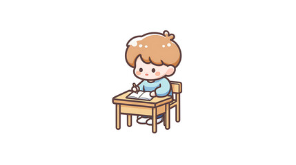 A cute child concentrating on homework, showing a calm and positive learning moment in a sticker style.