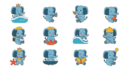 Fototapeta premium Collection of Cartoon Elephants in Vacation and Summer Theme
