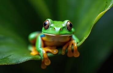 Obraz premium Green tree frog with big eyes sits on large leaf in jungle at night. This small amphibian has bright orange feet and yellow belly. It is a vibrant rainforest dweller.