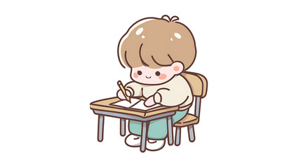 A cute child concentrating on homework, showing a calm and positive learning moment in a sticker style.