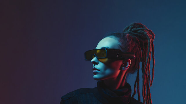 futuristic cyberpunk fashion portrait, vintage inspired techwear portrait with dreadlocks, cinematic futuristic fashion character