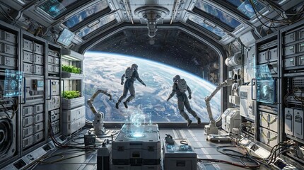 Astronauts floating in zero gravity inside a futuristic space station, observing earth through a large window while advanced holographic interfaces and robotic arms assist with operations