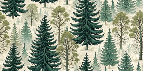 Seamless pattern of diverse forest trees, hand-drawn illustration with varying shades of green on a light background