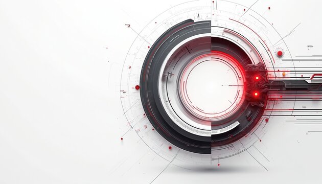 Concentric circles form abstract futuristic tech design. Red and grey digital interface pattern with lines and dots on white. Modern geometric background for science data or AI.