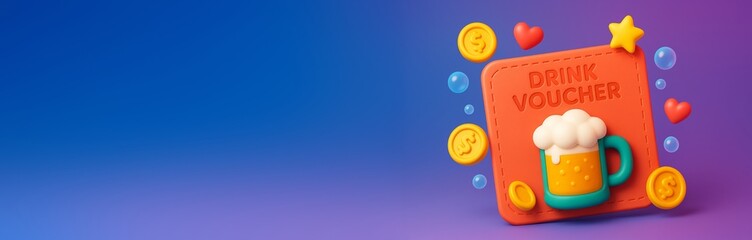Colorful drink voucher with beer mug and playful icons on gradient blue background with empty copyspace for advertising or promotional design template. Ai generative