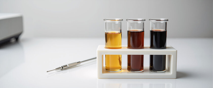 Laboratory test tubes with oil samples in holder on white surface  
