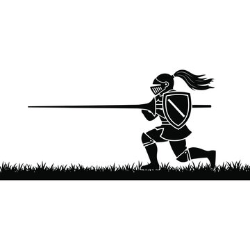 Black Silhouette Vector of Charging Armored Warrior with Lance and Shield