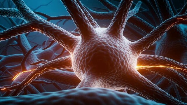 Multiple interconnected neuron cells are visible, with one prominent cell actively glowing with vibrant orange energy.