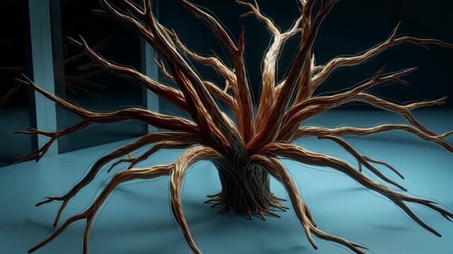 A gnarled, root-like biological structure emanates powerful blue electrical energy from its core, highlighting dynamic internal processes.